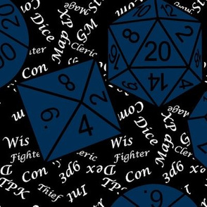 Midnight Jumbo RPG Dice large white gamer terms black bg by Shari Lynn's Stitches