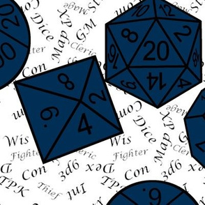 Midnight Jumbo RPG Dice large black gamer terms white bg by Shari Lynn's Stitches