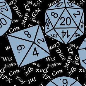 Slate Jumbo RPG Dice large white gamer terms black bg by Shari Lynn's Stitches