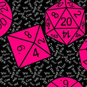 Bubblegum Pink Jumbo RPG  Dice small white gamer terms black bg by Shari Lynn's Stitches