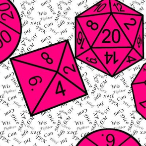 Bubblegum Pink Jumbo RPG Dice small black gamer terms white bg by Shari Lynn's Stitches