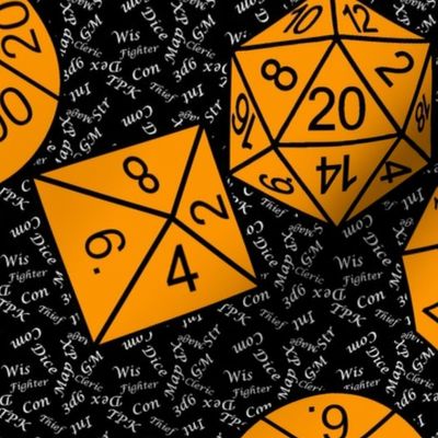 Cheddar Orange Jumbo RPG Dice small white gamer terms black bg  by Shari Armstrong Designs