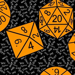 Cheddar Orange Jumbo RPG Dice small white gamer terms black bg  by Shari Lynn's Stitches