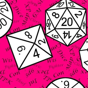 White Jumbo RPG Dice Large Black Gamer Terms Bubblegum Pink BG by Shari Lynn's Stitches