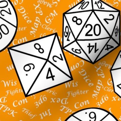 White Jumbo RPG Dice Large White Gamer Terms Cheddar Orange BG by Shari Armstrong Designs