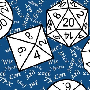 White Jumbo RPG Dice Large White Gamer Terms Classic Blue BG by Shari Lynn's Stitches