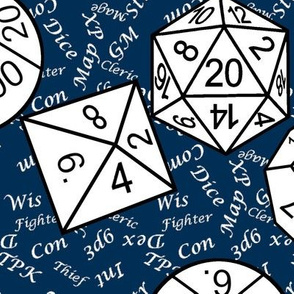 White Jumbo RPG Dice Large White Gamer Terms Midnight bg by Shari Lynn's Stitches