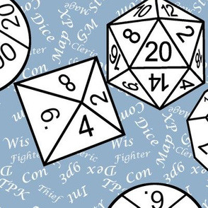 White Jumbo RPG Dice Large White Gamer Terms Slate bg by Shari Lynn's Stitches