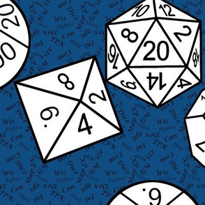 White Jumbo RPG Dice Small Black Gamer Terms Classic Blue BG by Shari Lynn's Stitches