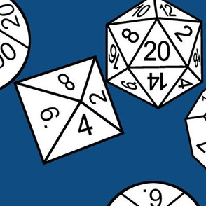 White Jumbo RPG Dice with Classic Blue bg by Shari Armstrong Designs
