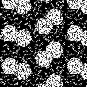 White d20 Dice Black BG with Small Scale Gamer Terms by Shari Lynn's Stitches