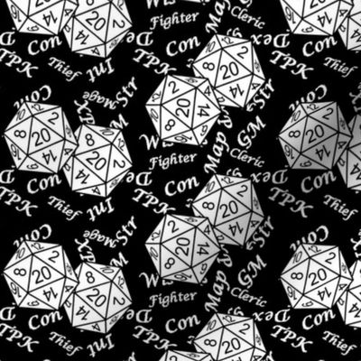 White d20 Dice Black BG with Medium Scale Gamer Terms by Shari Armstrong Designs