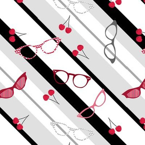 Retro Stripes - glasses and cherries red/black