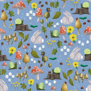 Mushroom Forest Friends on Textured Blue - Medium Scale