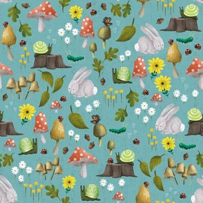 Mushroom Forest Friends on Textured Teal - Small Scale