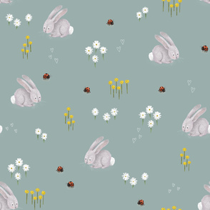 Mushroom Forest - Simple Bunnies, Bugs, and Flowers on Soft Teal - Large Scale
