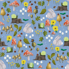 Mushroom Forest Friends on Textured Blue - Large Scale
