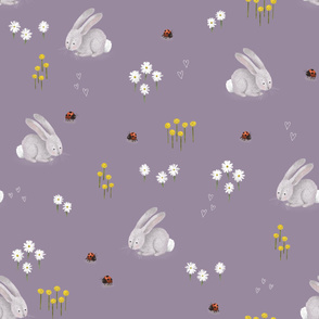 Mushroom Forest - Simple Bunnies, Bugs, and Flowers on Soft Purple - Large Scale