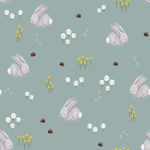 Mushroom Forest - Simple Bunnies, Bugs, and Flowers on Soft Teal - Small Scale