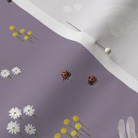 Mushroom Forest - Simple Bunnies, Bugs, and Flowers on Soft Purple - Small Scale