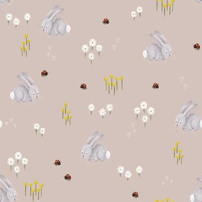 Mushroom Forest - Simple Bunnies, Bugs, and Flowers on Soft Tan - Small Scale
