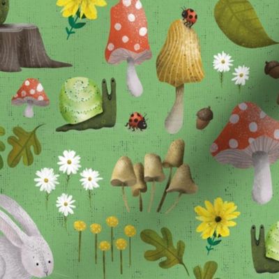 Mushroom Forest Friends on Textured Green - Medium Scale