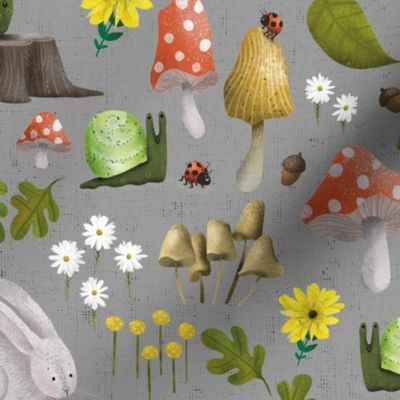 Mushroom Forest Friends on Textured Grey - Medium Scale