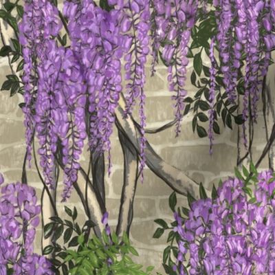 Wisteria Vines  on Old Stone Wall Wallpaper 