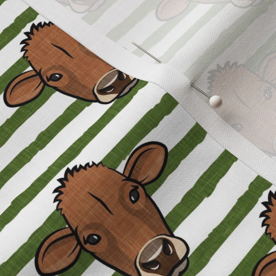 Brown Cows - farm themed - Angus on green stripes - LAD20