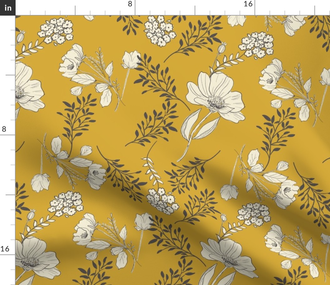 mustard yellow  Sketchbook Botanical  Farmhouse Flowers cottage florals TerriConradDesigns