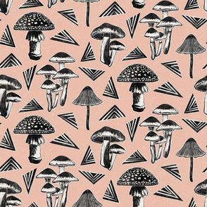 Block-print Mushrooms - black & white on blush - large scale