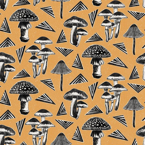 Block-print Mushrooms - black on ochre - l