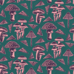 Block-print Mushrooms - plum and pink on teal - large scale