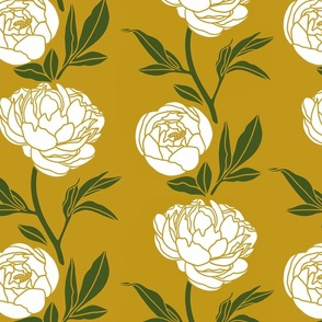 Woodblock peonies  gold and green -  Large scale