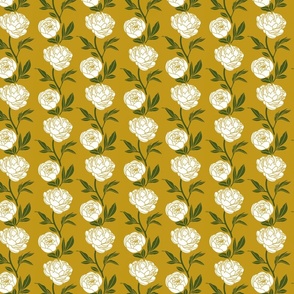 Woodblock peonies in gold and green- small scale