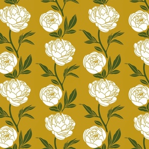 Woodblock peonies gold and green - medium scale 