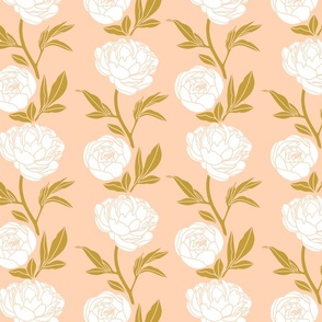 Woodblock peonies peach and gold- medium scale 