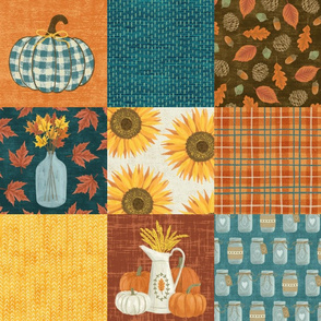 Autumn Country Chic Wholecloth Cheater Quilt in Teal & Orange