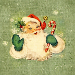 Retro Santa on Green Burlap - 18 inch square