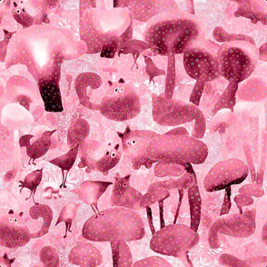 Raspberry Pink Cat Bird Mushroom Forest 18x18