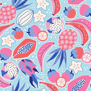 tropical fruit/blue and pink/large