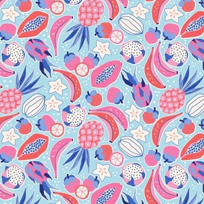 tropical fruit/blue and pink/medium