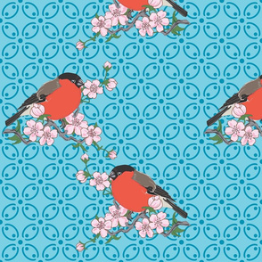 Bullfinches and Blossoms (Turquoise)