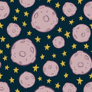 Outer Space Moons and Stars on Dark Blue - Large