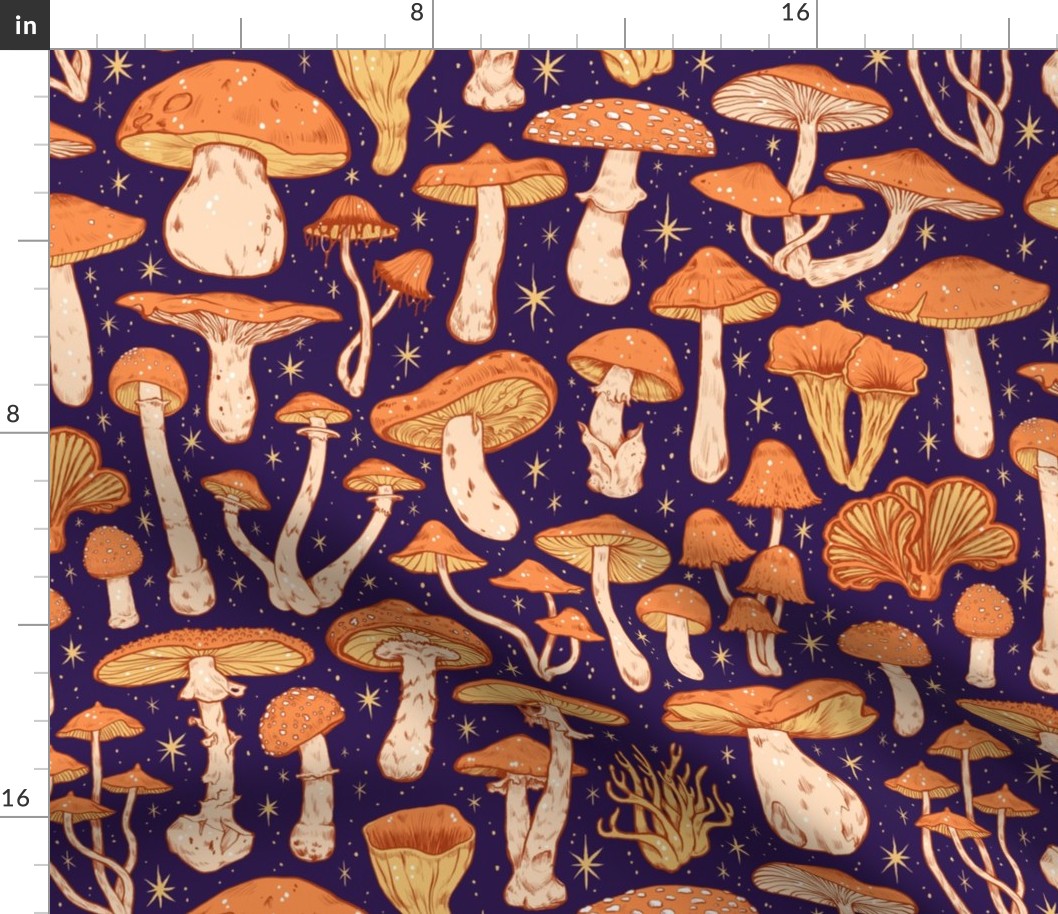 Deadly Mushrooms Orange on Blue Fabric | Spoonflower