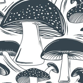 Mushroom Field Block Print White Blue Large Scale