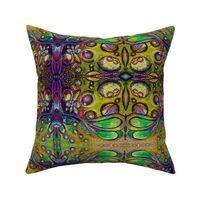 Bold painterly mirrored abstract dragonflies green, purple, cerise