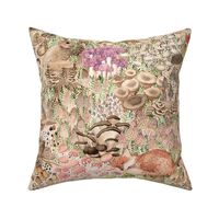 Mushroom Garden in warm tones, fox, quail, mouse, hedgehog, hare, bunny, frog