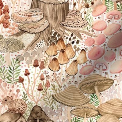 Mushroom Garden in warm tones, fox, quail, mouse, hedgehog, hare, bunny, frog