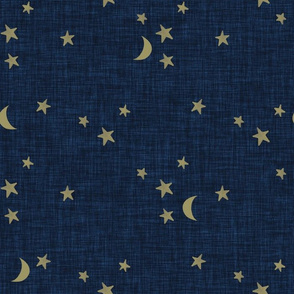 stars and moons // soft gold on navy linen no. 3